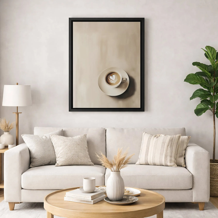 Latte Heart Coffee Cup Canvas Art | Minimalist Neutral Wall Decor | Premium Fade-Resistant Print | Coffee Lover Kitchen Gift