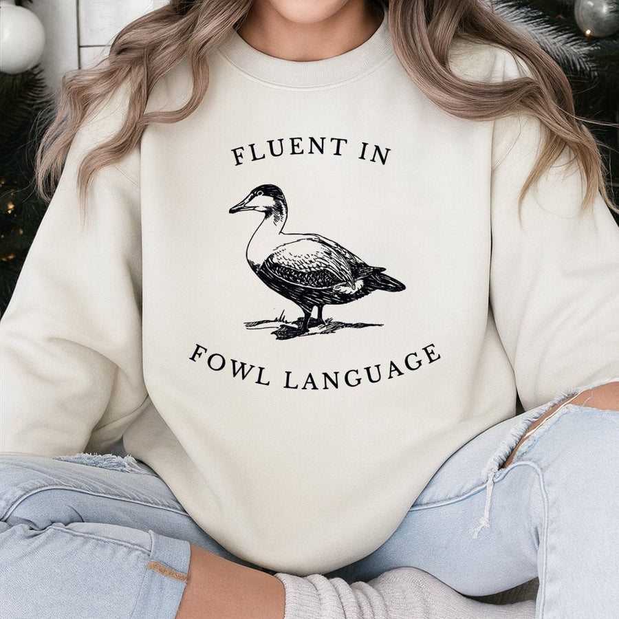 Fluent In Fowl Language Sweatshirt | Funny Duck Pun Graphic Print | Premium Cotton Blend Crewneck | Gift for Duck Lovers & Farm Enthusiasts