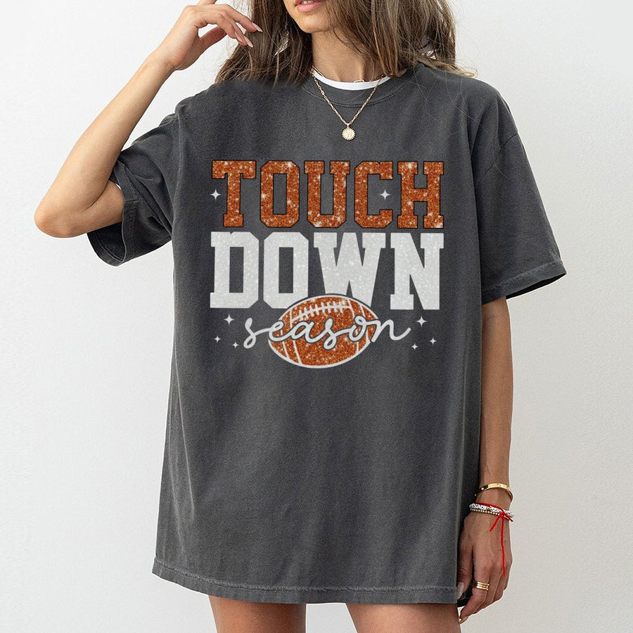 Touchdown Season Football T-Shirt | Glitter Sparkle Graphic Print | 100% Cotton Premium Tee | Gift for Football Mom or Fan