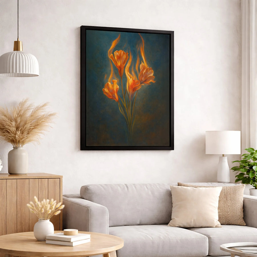 Burning Orange Flower Canvas Wall Art | Surreal Botanical Fire Painting | Gallery-Wrapped Premium Print | Moody Home Decor Gift for Her