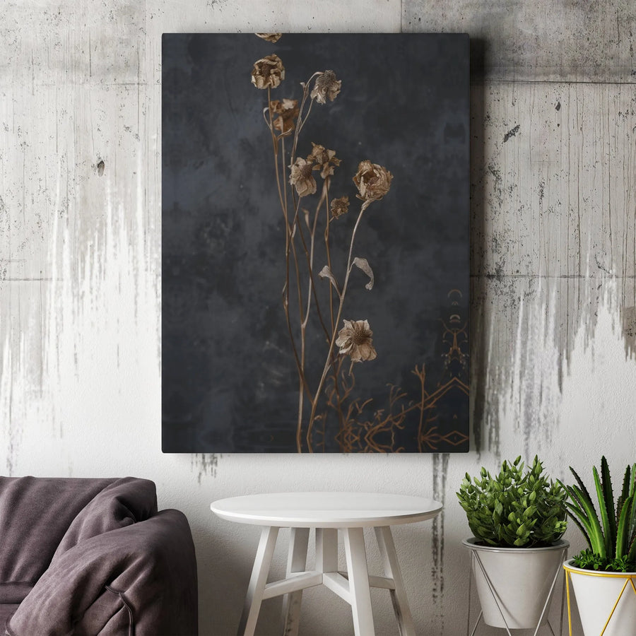Dried Flower Wall Art | Moody Botanical Floral Canvas Print | Premium Gallery Wrap Decor | Minimalist Dark Grey Aesthetic Home Office Gift