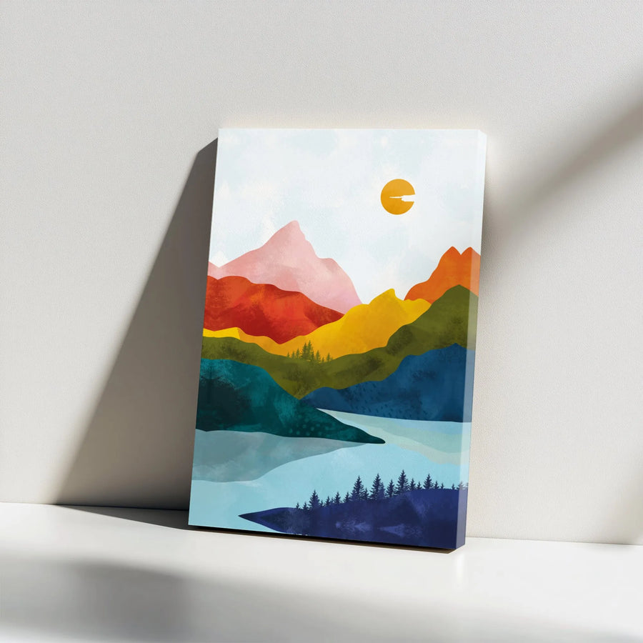 Abstract Mountain Landscape Canvas | Colorful Sunset Over Lake Wall Art | Premium 1.25-Inch Gallery Wrap | Modern Home Decor Gift