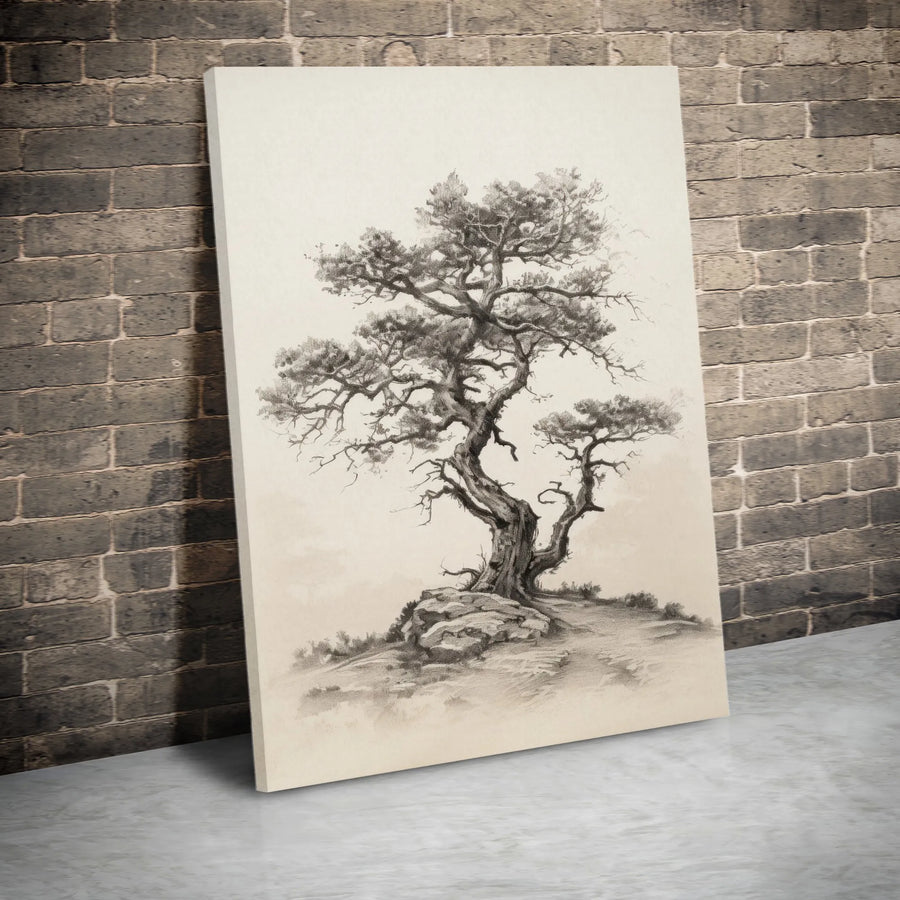 Gnarled Old Tree Canvas Print | Vintage Pencil Sketch Forest Wall Art | Premium Gallery Wrapped | Nature Lover Home Decor Gift