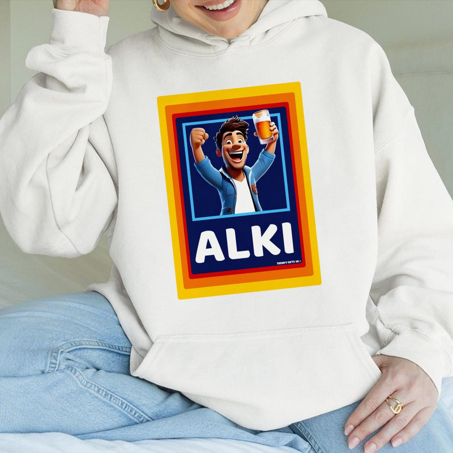 Alki Funny Graphic Hoodie | Beer Lover Drinking Cartoon Design | Premium Cotton Blend | Gift For Him or Her Unisex Pullover