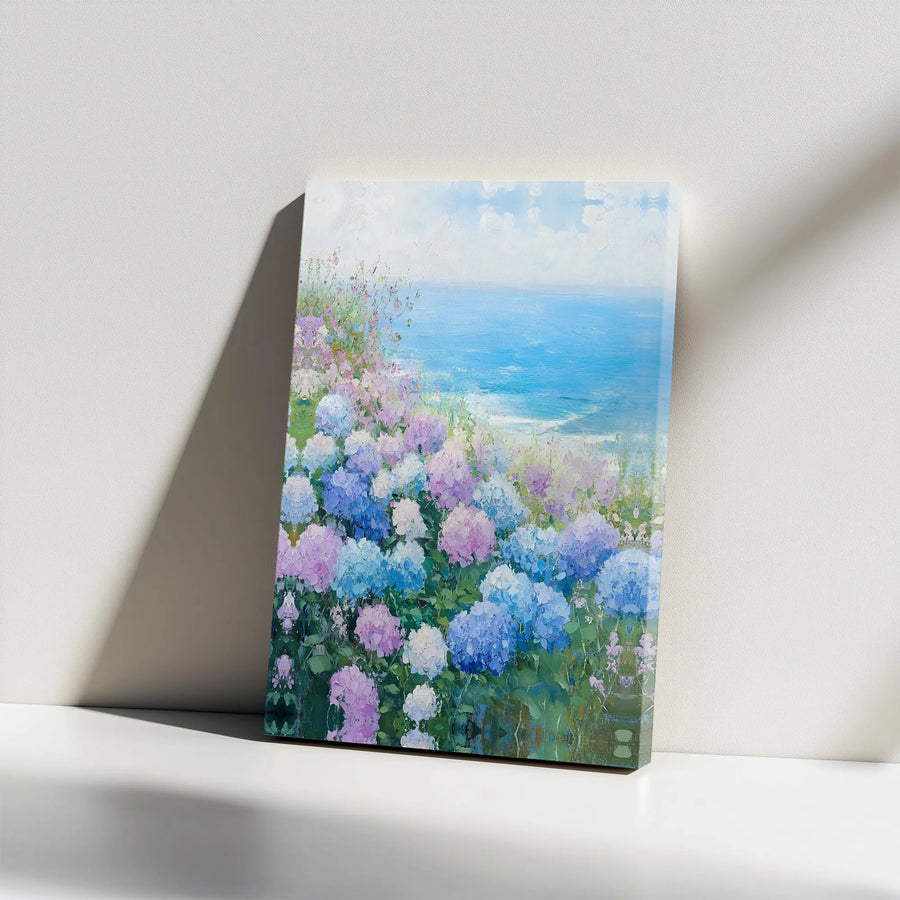 Coastal Hydrangea Canvas Wall Art | Impressionist Ocean View Painting | Premium Gallery Wrapped Canvas | Living Room & Bedroom Decor Gift