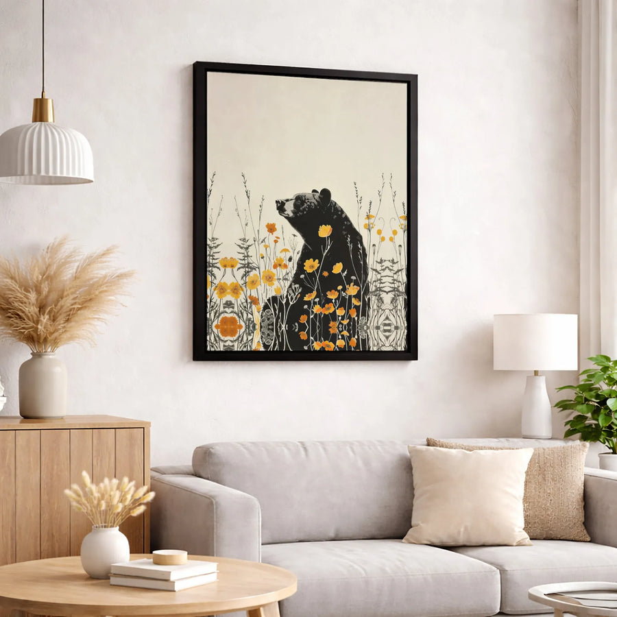 Black Bear Wall Art | Botanical Yellow Wildflowers Illustration | Premium Gallery Canvas | Nature Inspired Home Decor Gift