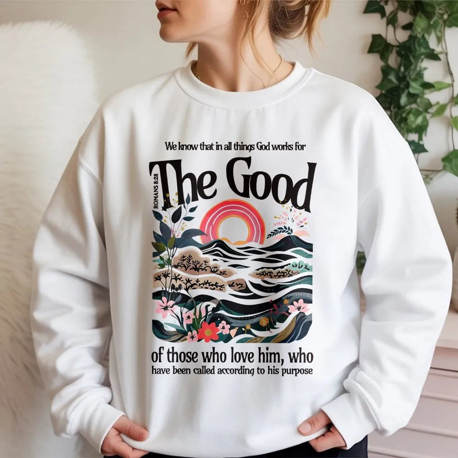 Romans 8 28 Sweatshirt | Inspirational Bible Verse Graphic Sweatshirt | Premium Cotton Blend | Christian Faith Apparel Gift