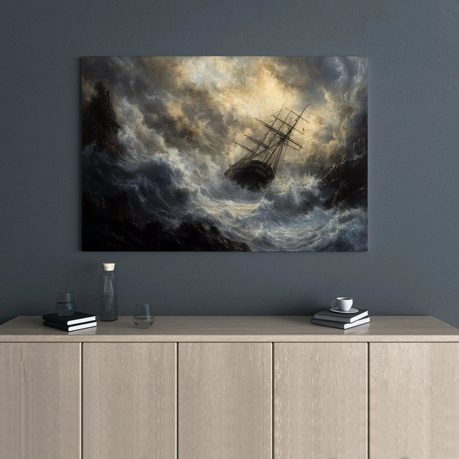 Stormy Sea Ship Canvas Art | Dramatic Nautical Ocean Oil Painting Style | 1.25" Gallery Wrap Premium Decor | Office and Living Room Wall Decor