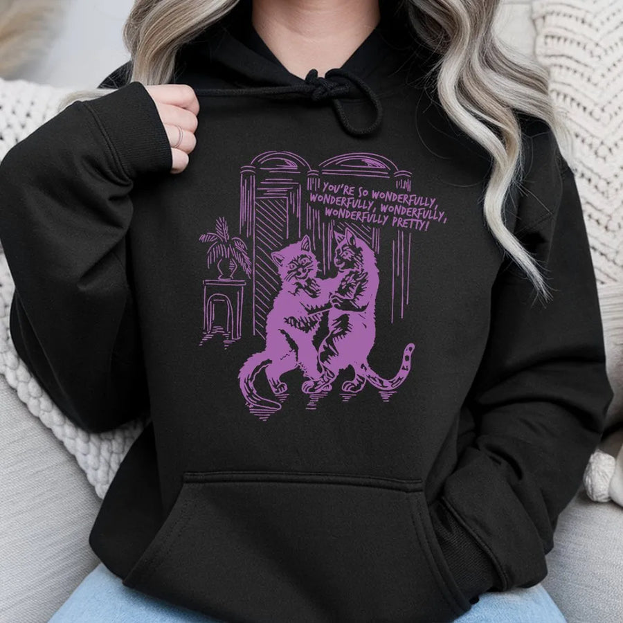 Dancing Cats Hoodie | Retro 90s Indie Rock Aesthetic | Soft Cotton Blend | Unique Gift for Music Lovers and Cat Owners