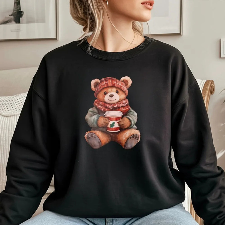 Christmas Bear Sweatshirt | Cozy Holiday Teddy Coffee Design | Premium Cotton Blend Crewneck | Cute Winter Gift for Women and Men
