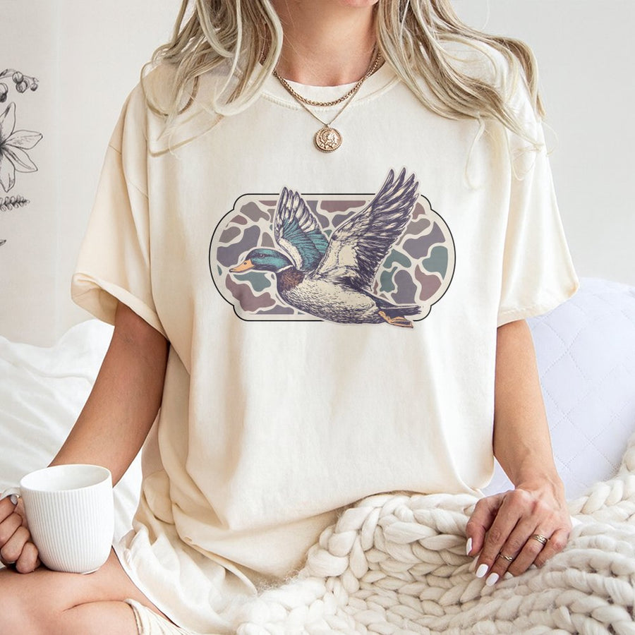 Flying Mallard T-Shirt | Vintage Duck Camo Graphic Print | 100% Cotton Premium Crewneck | Wildlife Outdoor Gift for Hunters and Bird Lovers