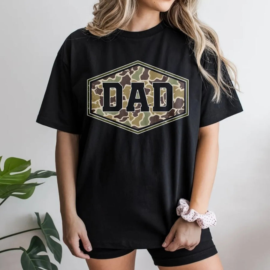 Duck Camo Dad Shirt | Retro Varsity Graphic Tee with Distressed Camouflage | Premium Cotton | Father's Day Gift for Hunter Dad