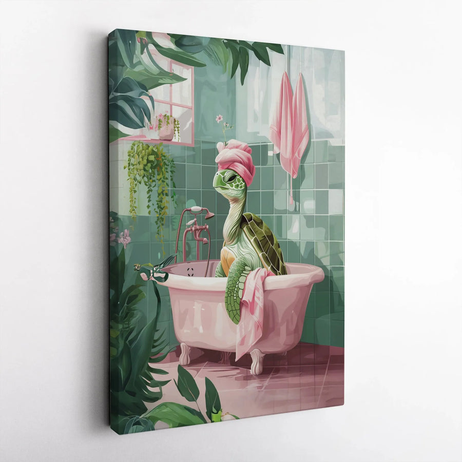 Sea Turtle Art Print | Whimsical Bathroom Decor with Pink Bathtub | Premium Fade-Resistant Canvas | Unique Gift for Animal Lovers