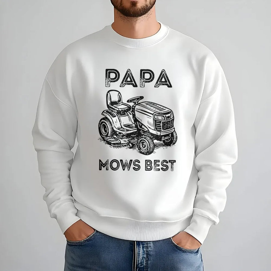 Funny Dad Sweatshirt | Papa Mows Best Vintage Lawn Mower Graphic | Cozy Cotton Blend | Father's Day Gift for Dad & Grandpa