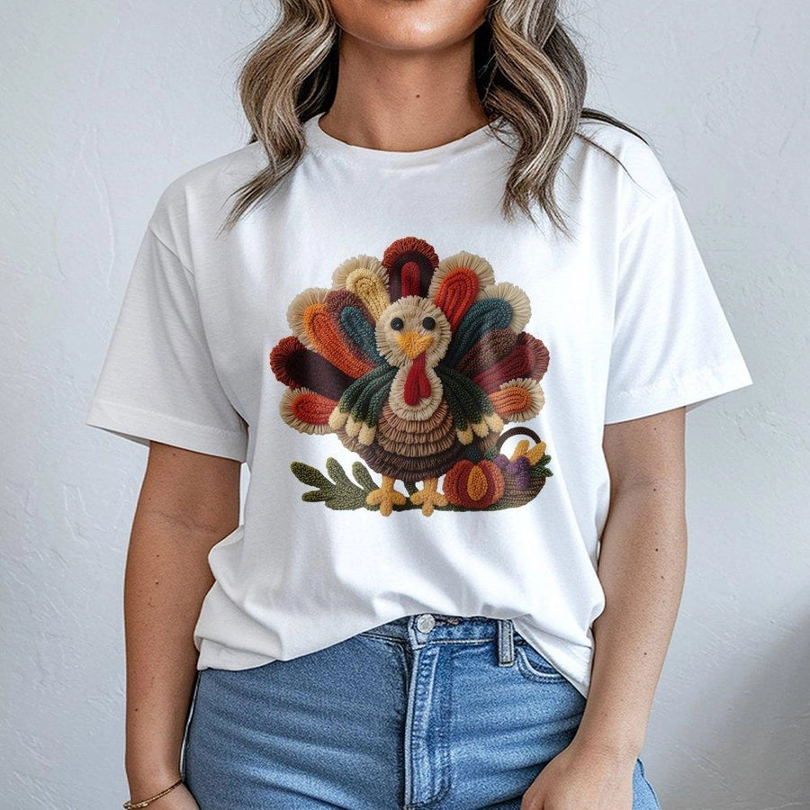 Thanksgiving Turkey T-Shirt | Textured Thread Art Graphic Tee | 100% Cotton Premium Comfort | Cute Fall Festive Gift for Women and Family