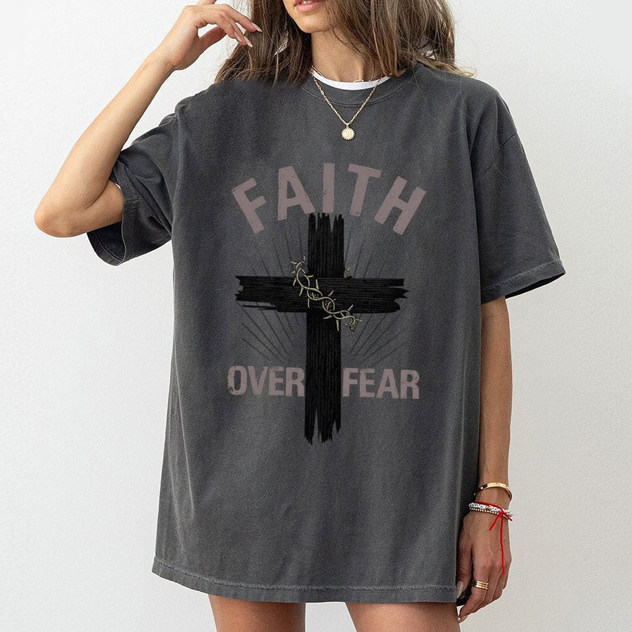 Faith Over Fear T-Shirt | Christian Cross & Barbed Wire Graphic | 100% Cotton Premium Unisex Tee | Inspirational Religious Gift