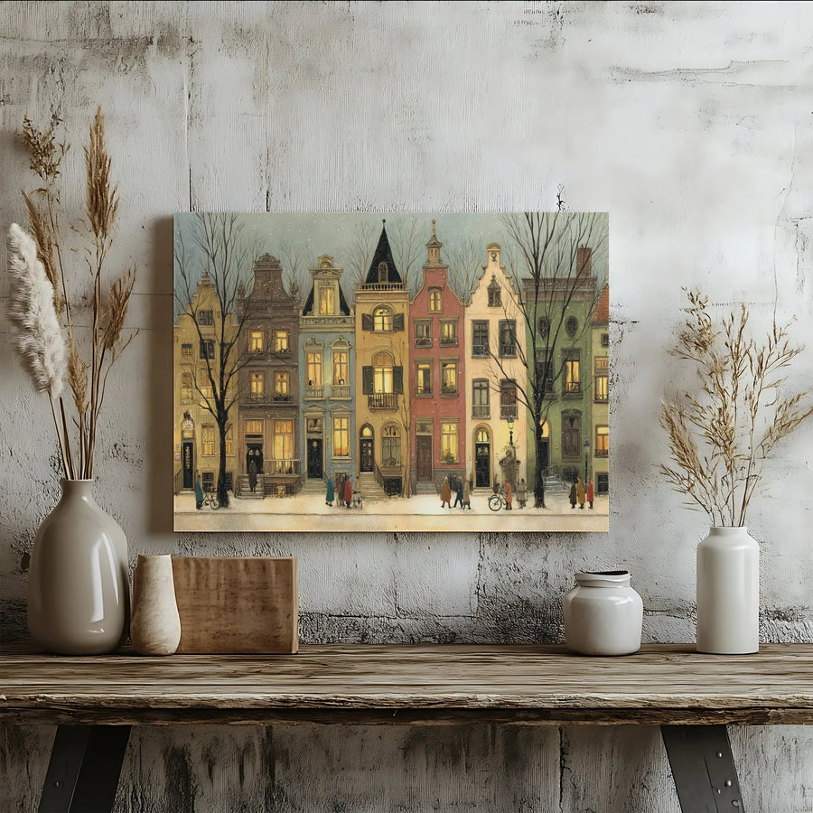 Vintage Amsterdam Winter Townhouses Horizontal Canvas | Cozy Snowy Street & Glowing Windows Illustration | Premium 1.25 Inch Gallery Wrap Wall Art | Charming Holiday Home Decor Gift