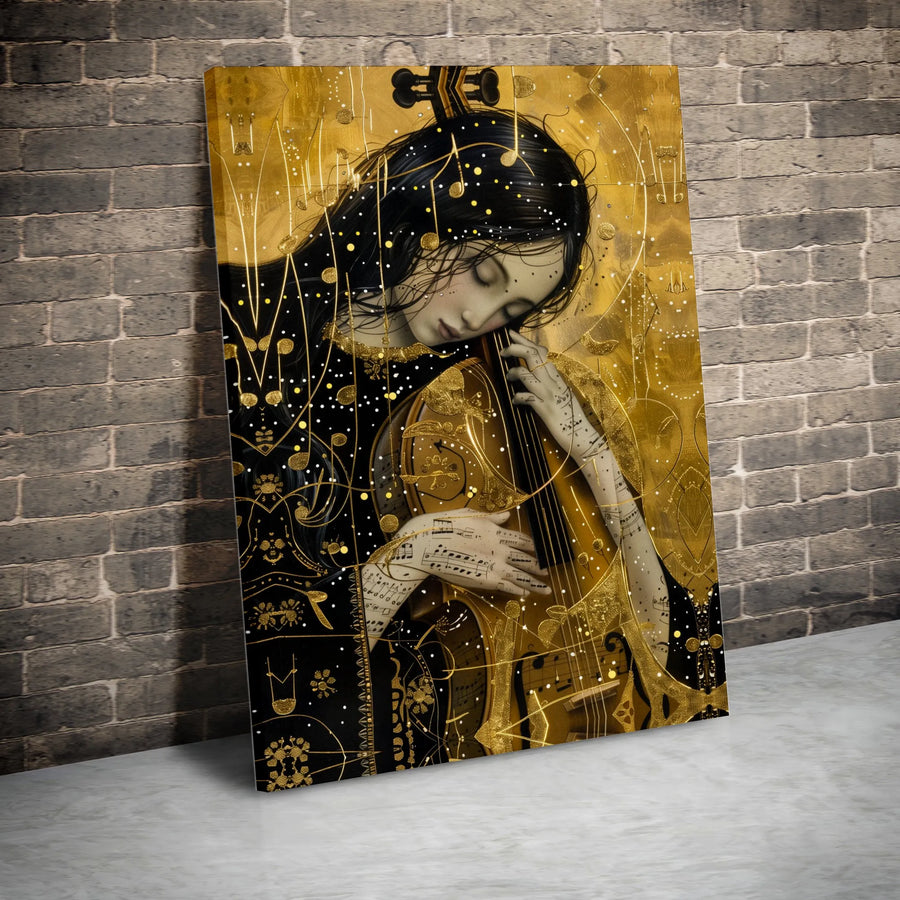 Golden Muse Cello Canvas Art | Abstract Musical Notes Illustration | Premium Thick Gallery Wrap | Gift for Musician Home Decor