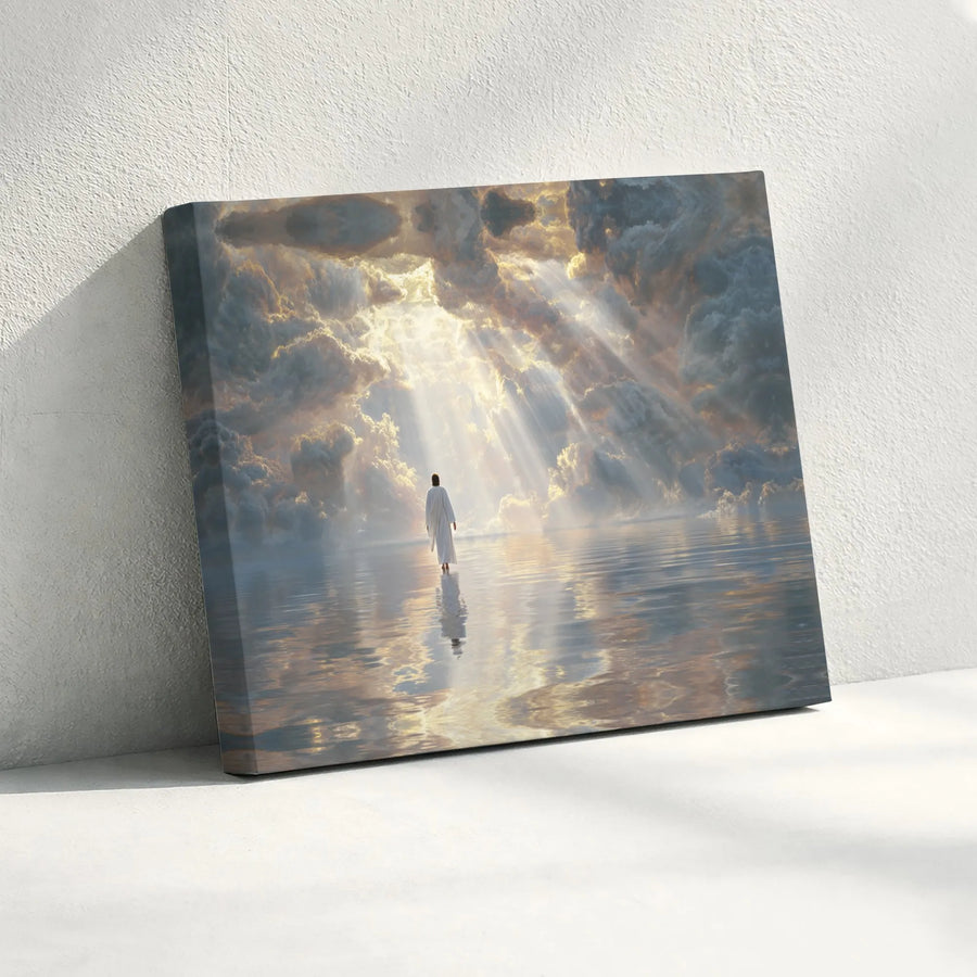 Jesus Walking On Water Canvas | Christian Wall Art With Heavenly Light | Premium Fade-Resistant Print | Spiritual Home Decor Gift