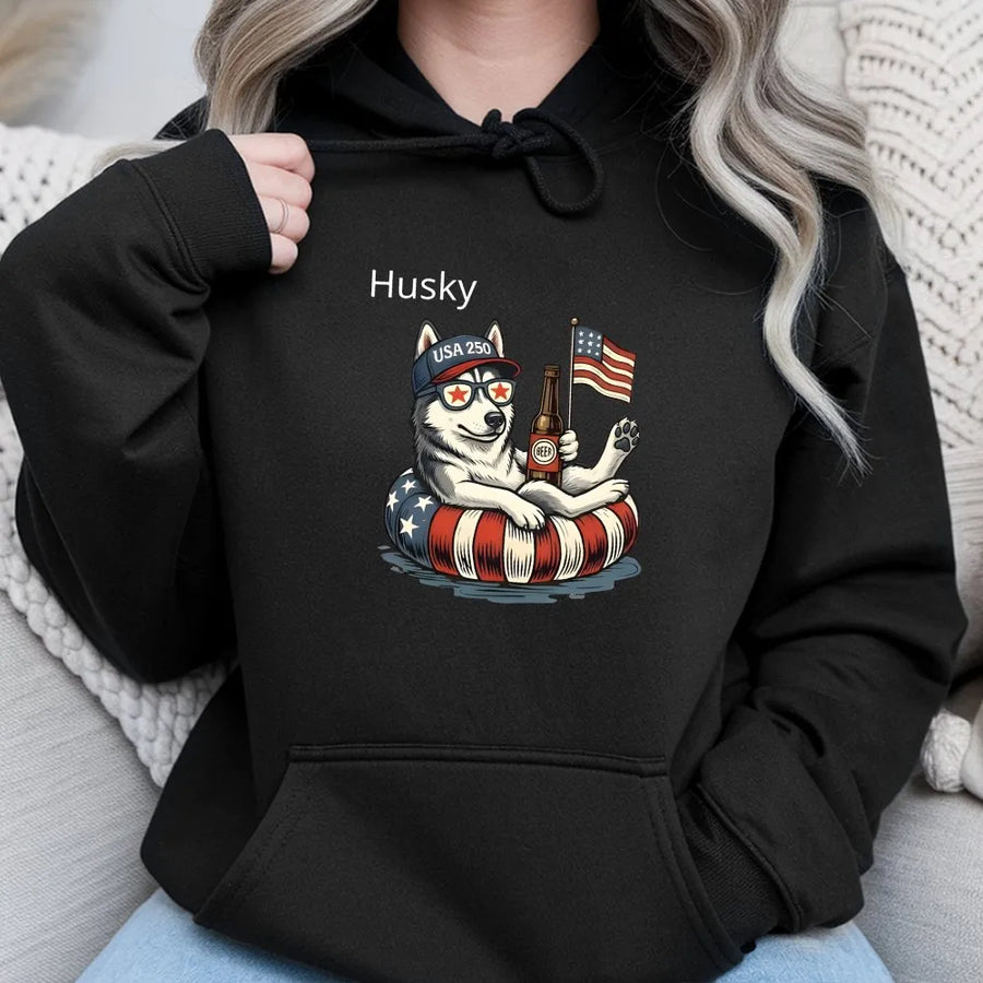Patriotic Husky Hoodie | Funny Dog with American Flag & Beer Graphic | Premium Cotton Blend | Gift for Husky Owner for 4th of July