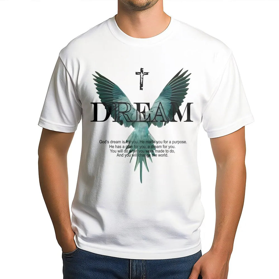 Dream Christian T-Shirt | Inspirational God's Purpose Quote with Angel Wings | Premium 100% Cotton Apparel | Faith-Based Religious Gift for Her