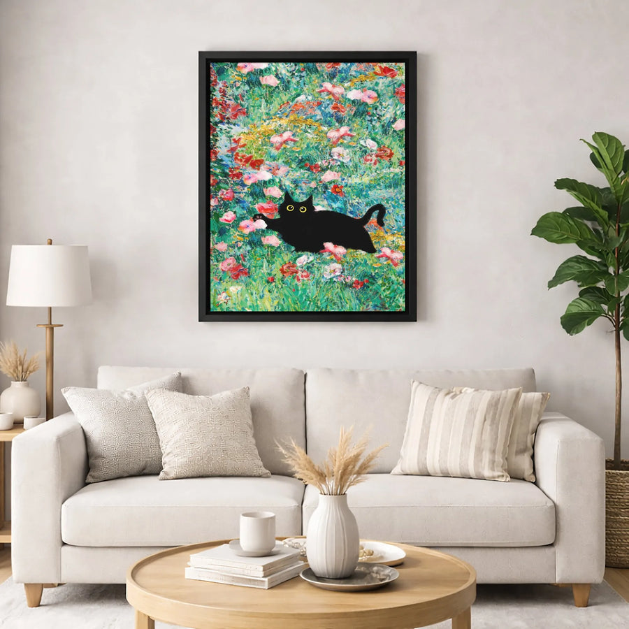 Black Cat Wall Art | Impressionist Flower Garden Print | Premium Fade-Resistant Canvas | Whimsical Home Decor Gift for Cat Lovers