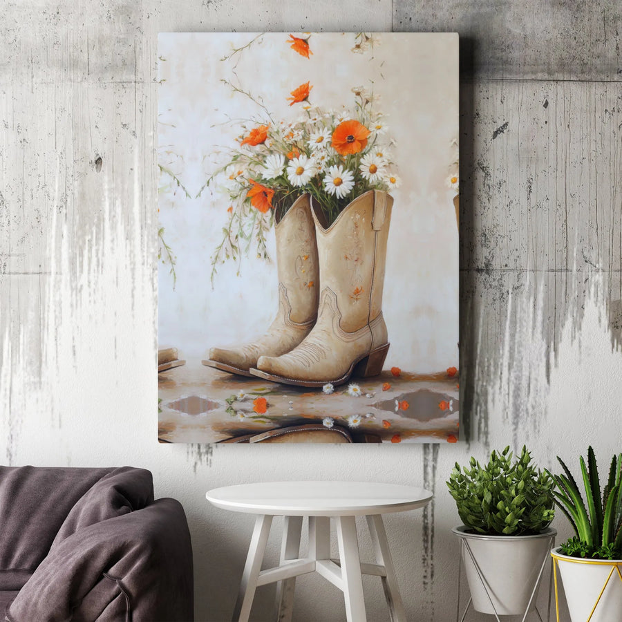 Western Cowboy Boots Canvas Art | Floral Daisy and Poppy Painting | 1.25 inch Gallery Wrap | Rustic Country Home Decor Gift