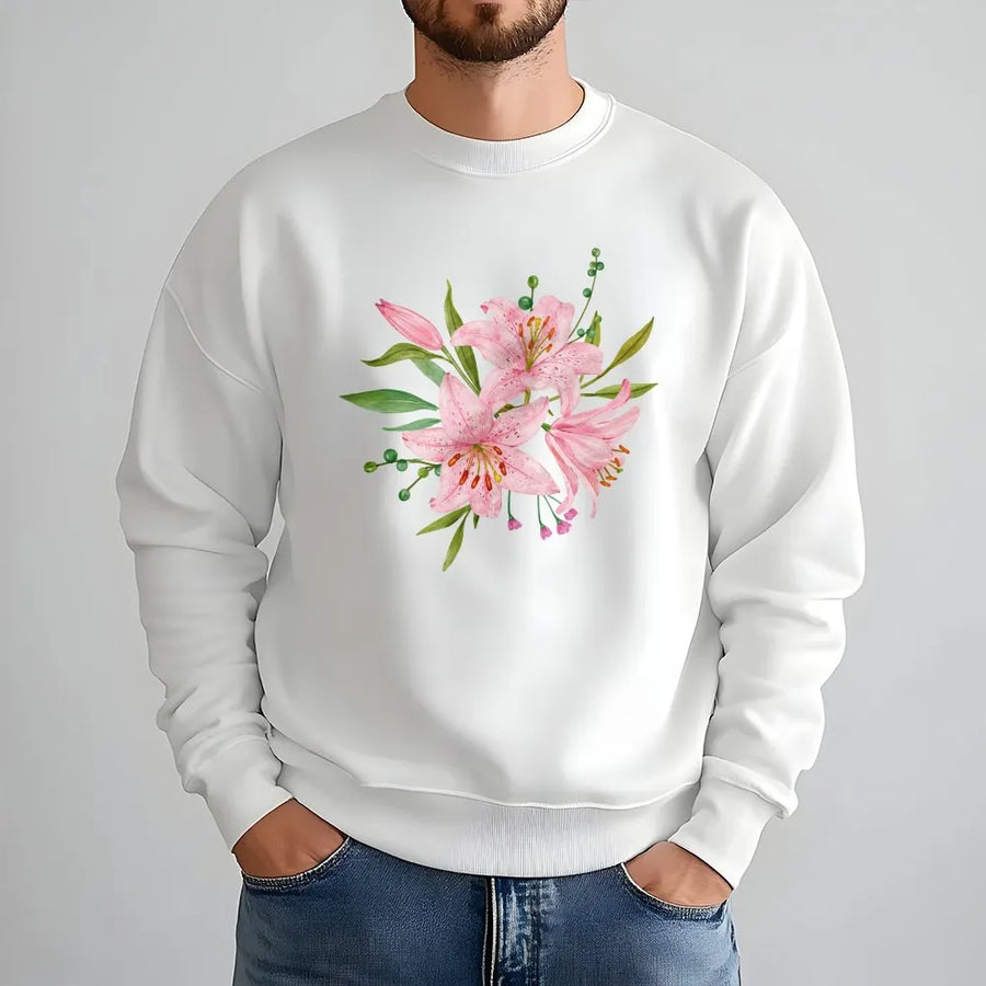 Pink Lily Sweatshirt | Watercolor Floral Botanical Graphic | Soft Cotton Blend Sweatshirt | Unisex Aesthetic Gardener Gift