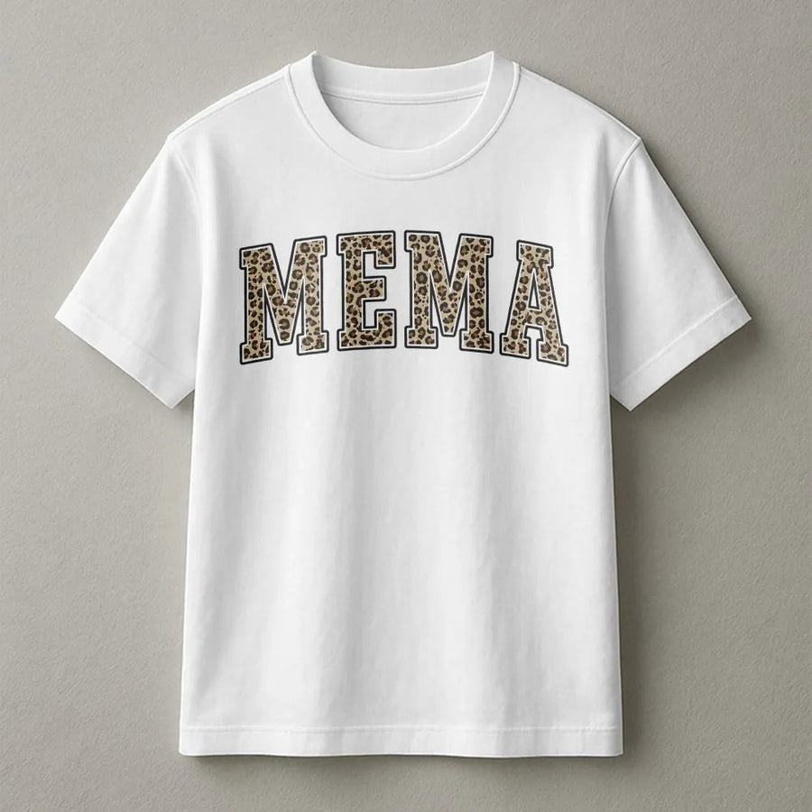 Mema Shirt with Leopard Print Letters | Collegiate Varsity Style | Soft Cotton Graphic Tee | Gift for Grandma on Mother's Day