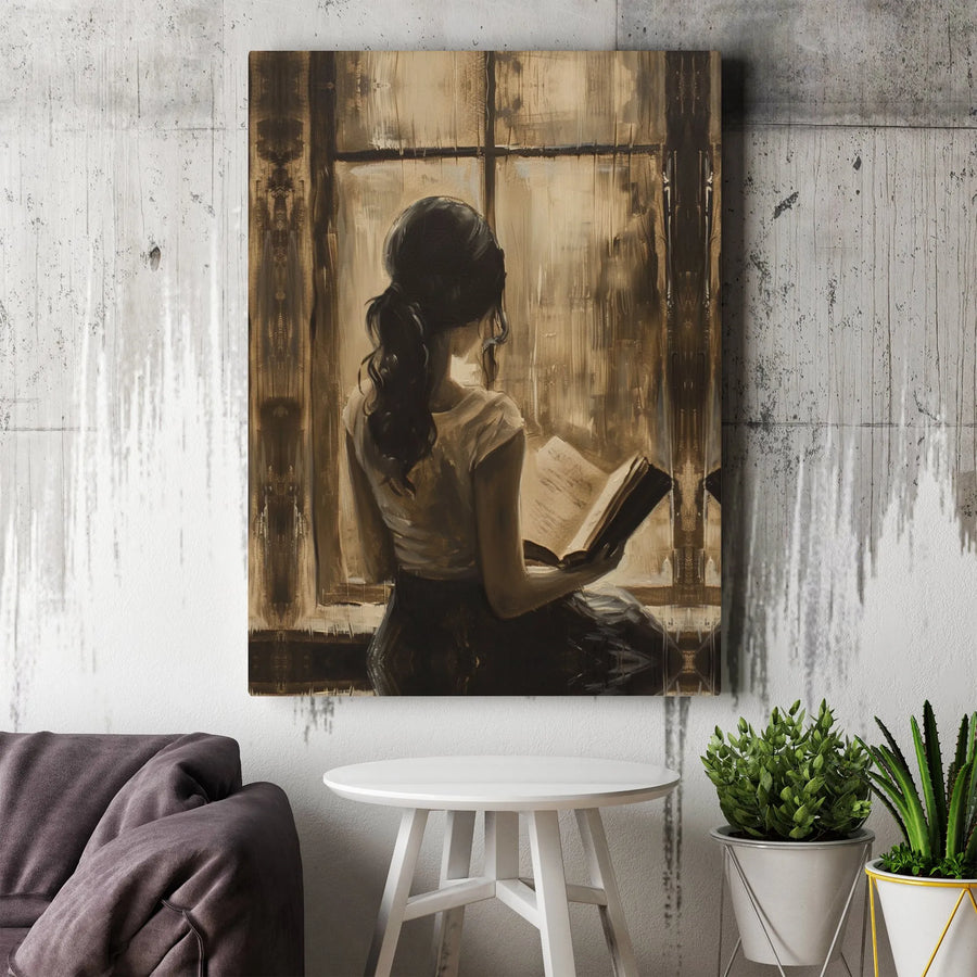 Woman Reading Book Canvas Wall Art | Sepia Tone Window Portrait | Premium Gallery Wrap Print | Aesthetic Home Decor Gift for Book Lovers