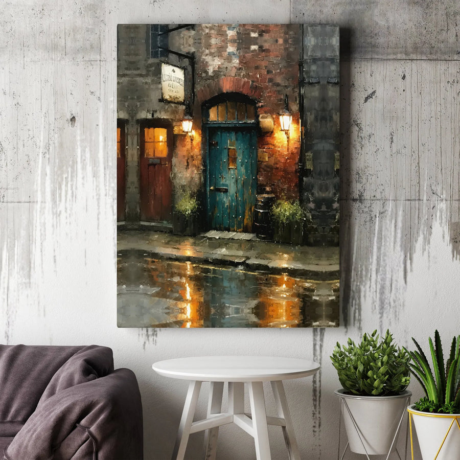 Rainy Alley Canvas Print | Impressionist Night Street Art with Lanterns | Premium 1.25 Inch Gallery Wrap | Atmospheric Home Decor Gift