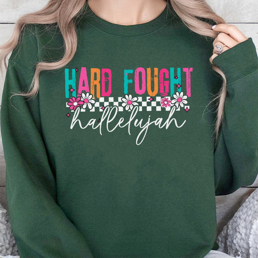 Hard Fought Hallelujah Sweatshirt | Retro Daisy Checkerboard Christian Apparel | Premium Cotton Blend Crewneck | Religious Gift For Women