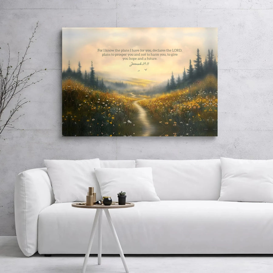 Jeremiah 29:11 Canvas Wall Art | Wildflower Meadow Landscape | Premium Gallery Wrap Print | Christian Scripture Gift for Home Decor