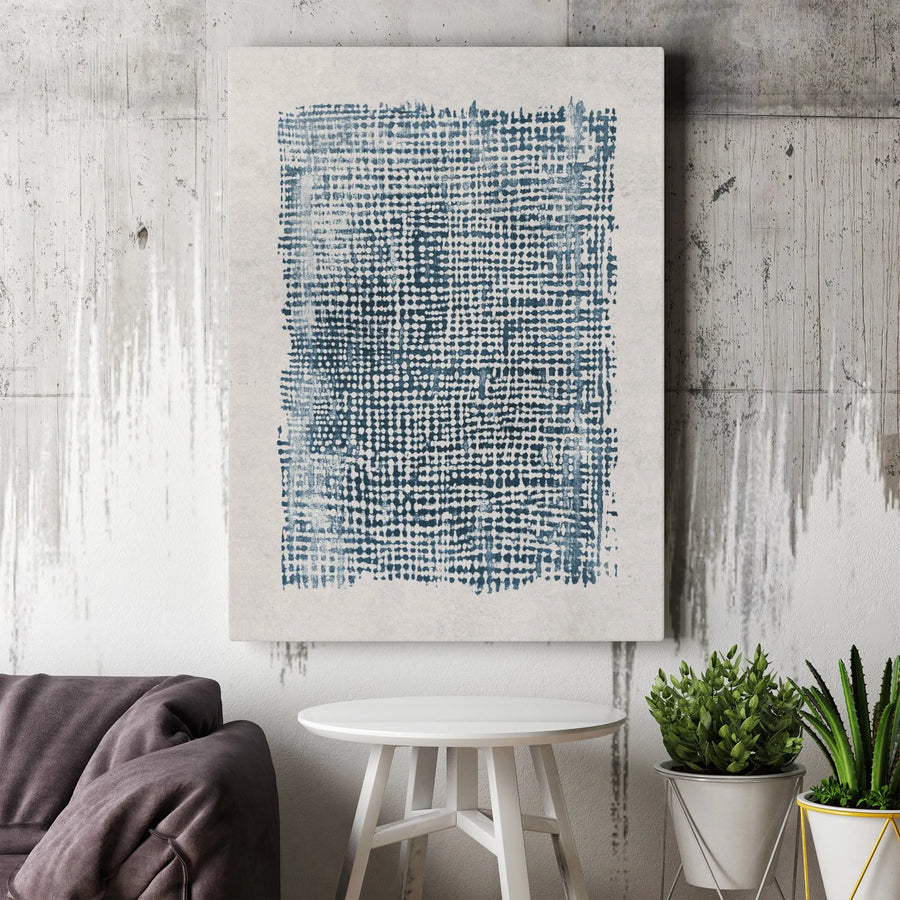 Abstract Indigo Blue Canvas Wall Art | Distressed Dot Grid Geometric Print | Premium Gallery Wrap Wooden Frame | Modern Minimalist Home Decor