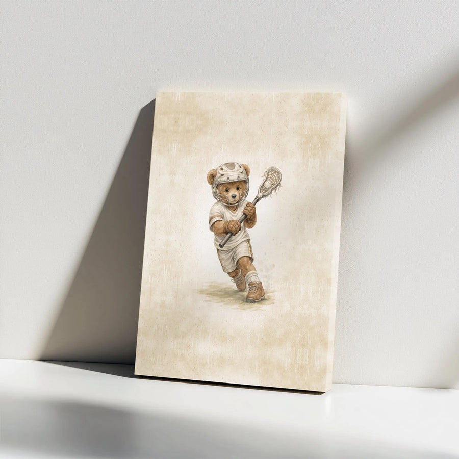 Lacrosse Bear Canvas Print | Vintage Teddy Bear Sports Art | Premium Gallery Wrapped Canvas | Kids Room Decor & Gift for Player