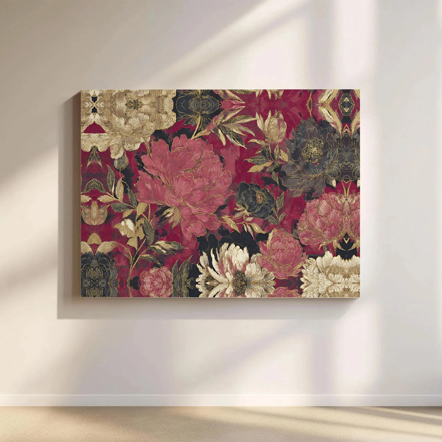 Floral Canvas Wall Art | Luxury Red Black and Gold Peony Print | Premium Gallery Wrapped Decor | Sophisticated Home and Office Gift