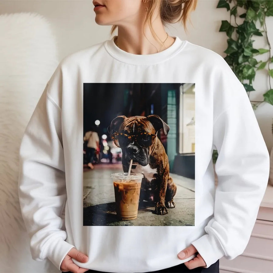 Funny Boxer Dog Sweatshirt | Dog Wearing Sunglasses Drinking Iced Coffee | Cozy Cotton Blend | Gift for Boxer Mom and Coffee Lover