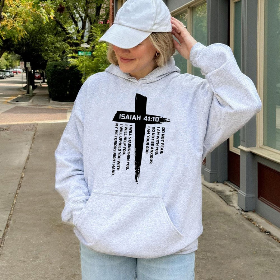 Isaiah 41:10 Bible Verse Hoodie | Cross Graphic Scripture Design | Soft Cotton-Polyester Blend | Religious Christian Gift for Men and Women