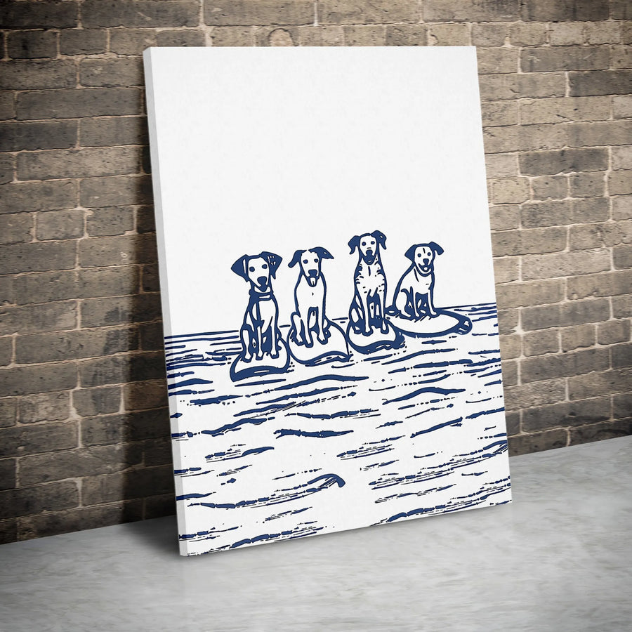 Dog Surfing Canvas Art | Blue Block Print Style Wall Decor | Premium 1.25-Inch Gallery Wrap | Coastal Beach House Gift