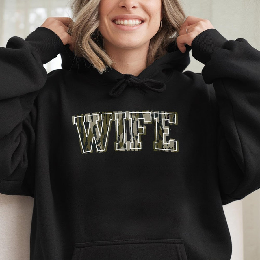 Wife Hoodie | Camo Varsity Letter Graphic | Premium Cotton Blend | Gift for Newlywed Wife or Anniversary