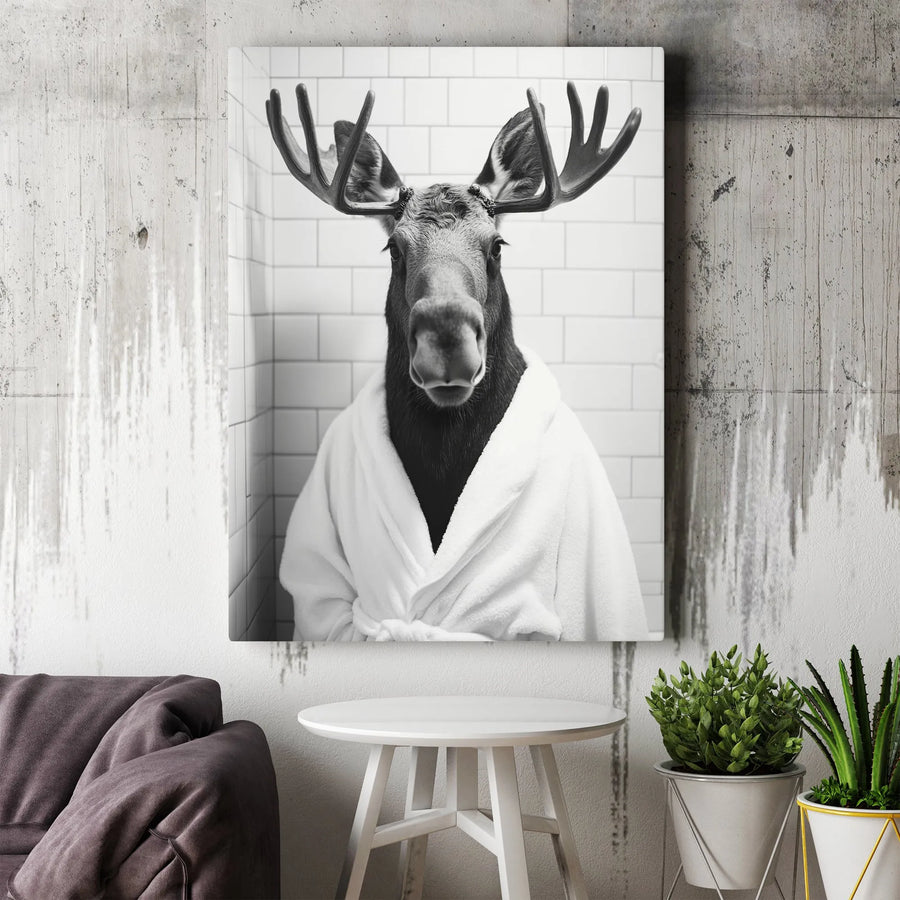 Moose In Bathrobe Canvas Art | Funny Bathroom Wall Decor | Premium Fade-Resistant Gallery Wrap | Whimsical Animal Portrait Gift