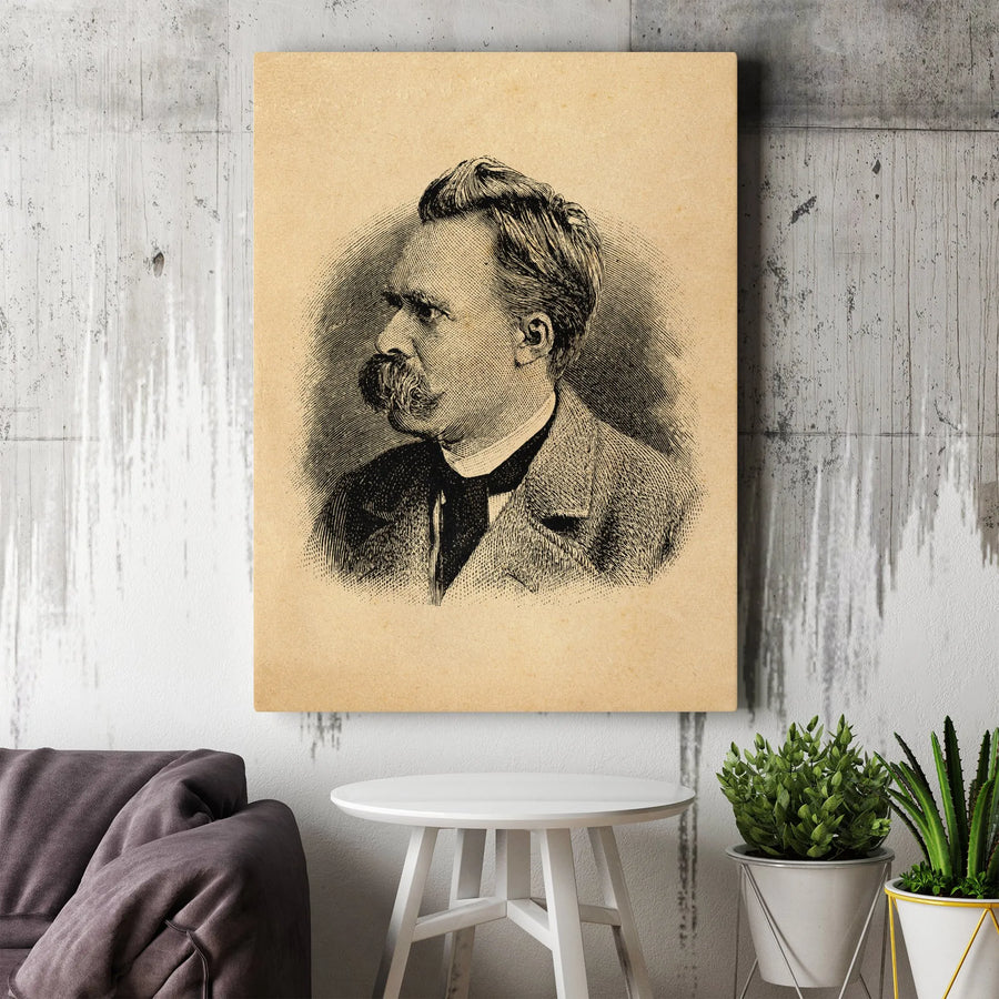 Friedrich Nietzsche Portrait Canvas Art | Vintage Engraved Philosophy Poster | Premium 1.25-inch Gallery Wrap | Intellectual Home Office Decor Gift