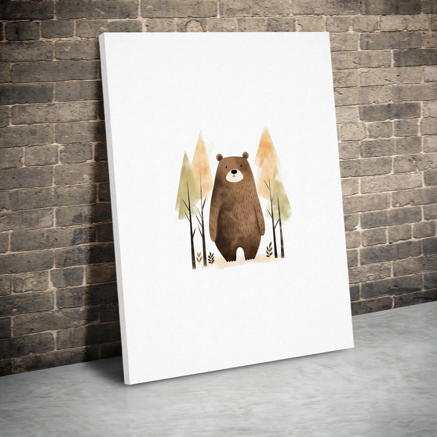 Cute Brown Bear Canvas Print | Watercolor Autumn Forest Nursery Wall Art | Premium Gallery Wrapped | Kids Room Decor Gift