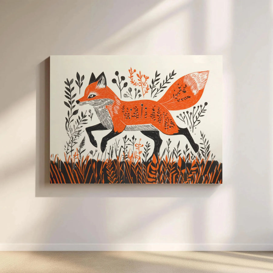 Fox Canvas Wall Art | Mid-Century Linocut Style Nature Print | Premium Gallery Wrap 1.25" Frame | Woodland Home Decor Gift