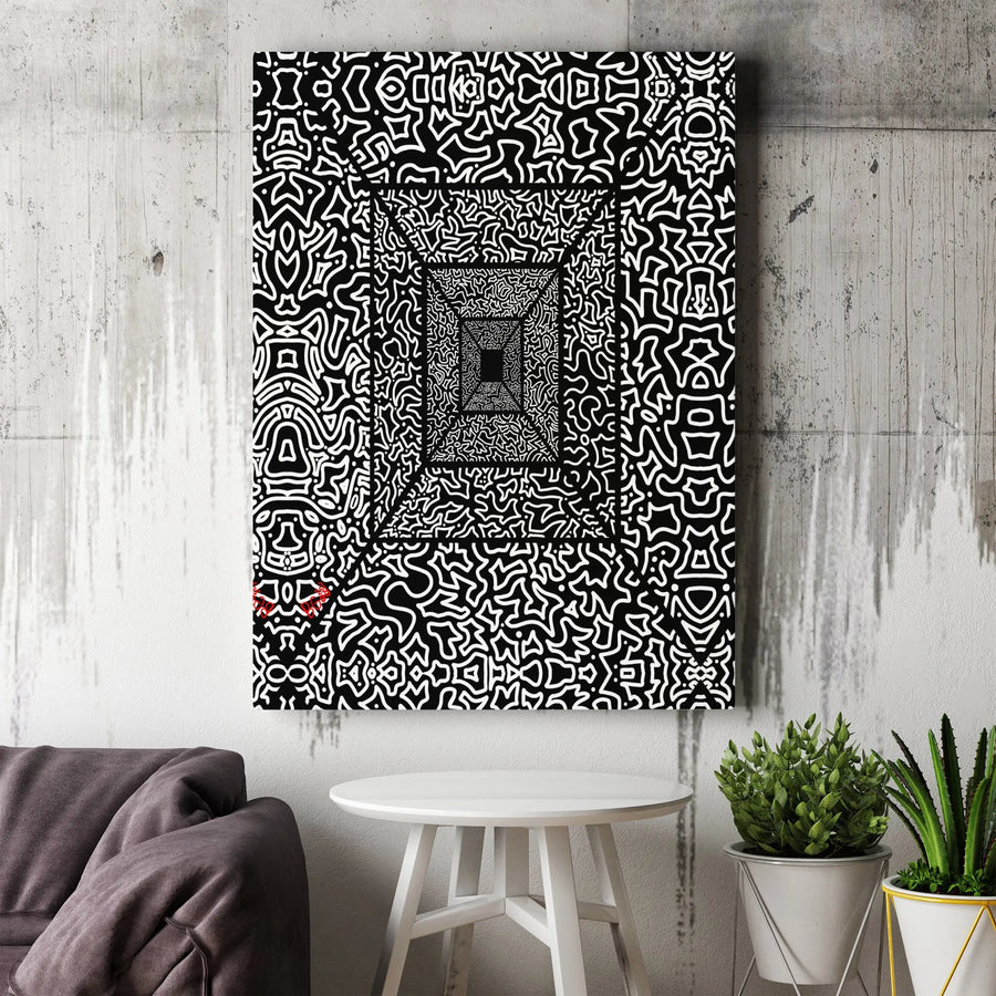 Abstract Geometric Canvas Wall Art | Monochrome Infinite Tunnel Doodle Design | 1.25 Inch Premium Gallery Wrap | Modern Office & Home Decor