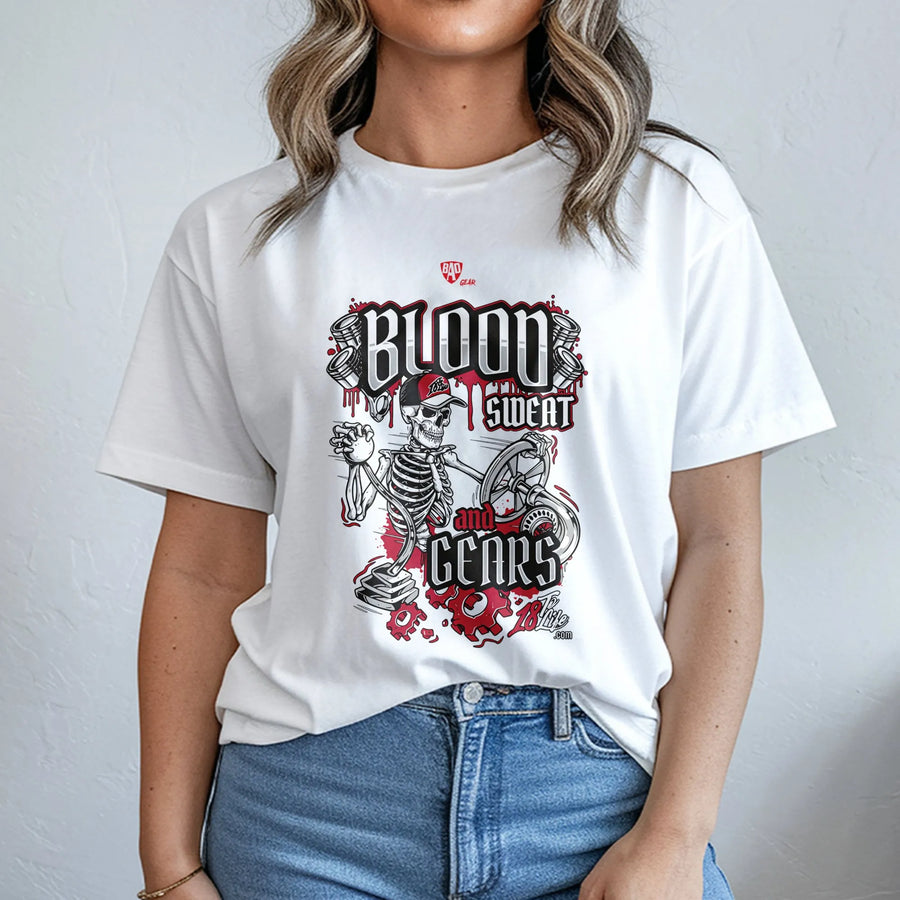 Blood Sweat And Gears T-Shirt | Mechanic Skeleton Graphic Tee | Premium Cotton Casual Wear | Gift For Truckers, Diesel Mechanics & Gearheads