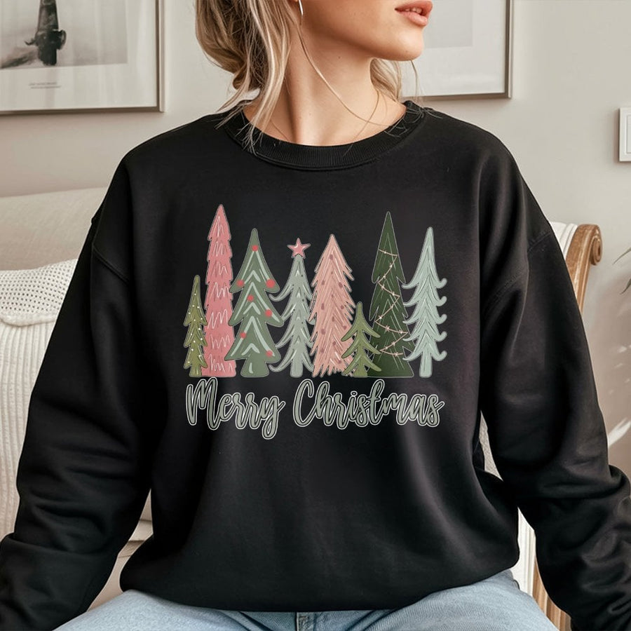 Merry Christmas Tree Sweatshirt | Hand-Drawn Minimalist Forest Graphic | Premium Cotton Blend | Cozy Holiday Apparel Gift for Women & Men