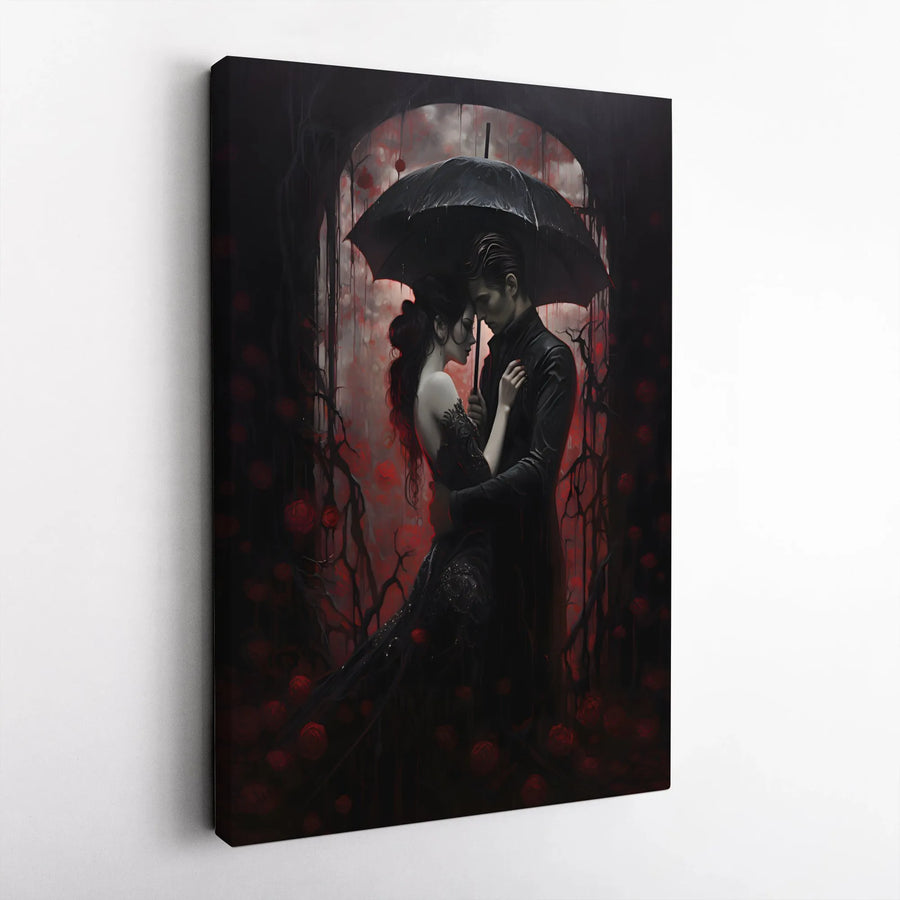 Gothic Couple Canvas Wall Art | Romantic Dark Fantasy Red Rose Umbrella Print | Premium Gallery Wrap Decor | Gift for Goth Aesthetic Lovers