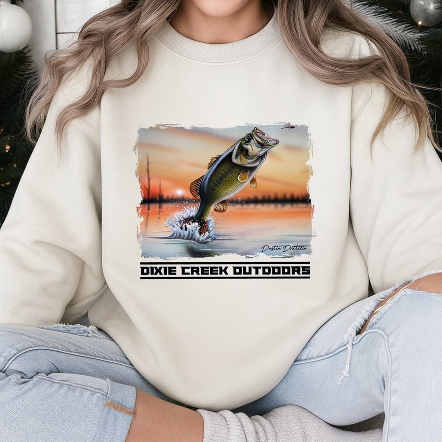 Dixie Creek Outdoors Bass Fishing Sweatshirt | Dynamic Sunset Lake Graphic | Premium Cotton-Blend | Gift For Anglers And Outdoorsmen