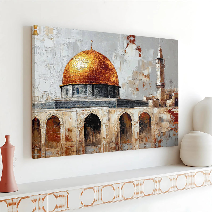 Dome of the Rock Jerusalem Horizontal Canvas | Gold Dome Islamic Painting Style Art | Premium 1.25” Gallery Wrap | Spiritual Muslim Home Decor Housewarming Gift